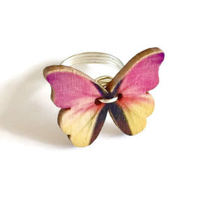 Pink & Yellow Butterfly Button Ring. Handmade